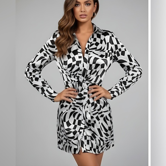 By Design Dresses & Skirts - Black And White Geo Print Twist Front Shirt Dress